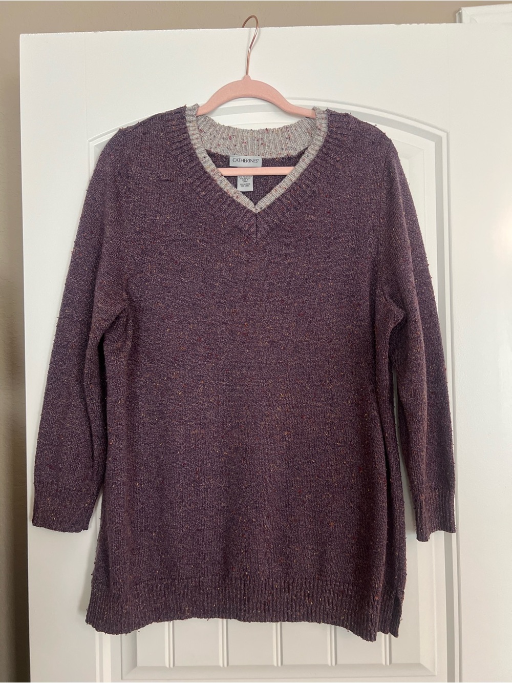 Catherines Plum V-Neck Sweater with Cream Trim